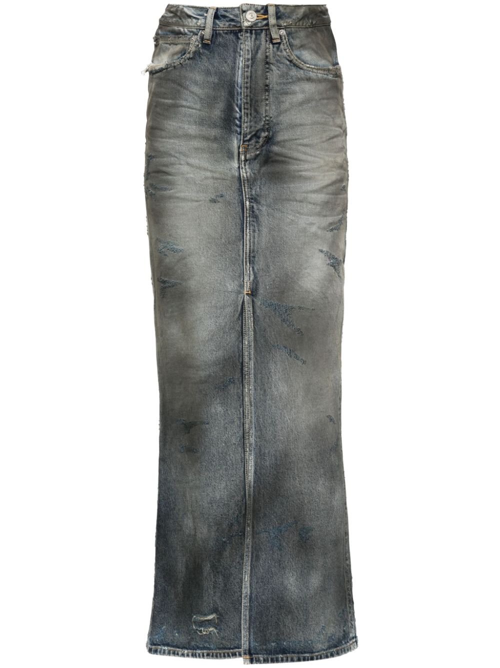 Balenciaga distressed denim maxi skirt